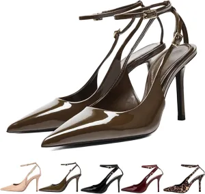 Women's Slingback High Heels Sexy Pointed Toe Ankle Strap Stiletto Heels Patent Pumps with Buckle Party Dress Shoes