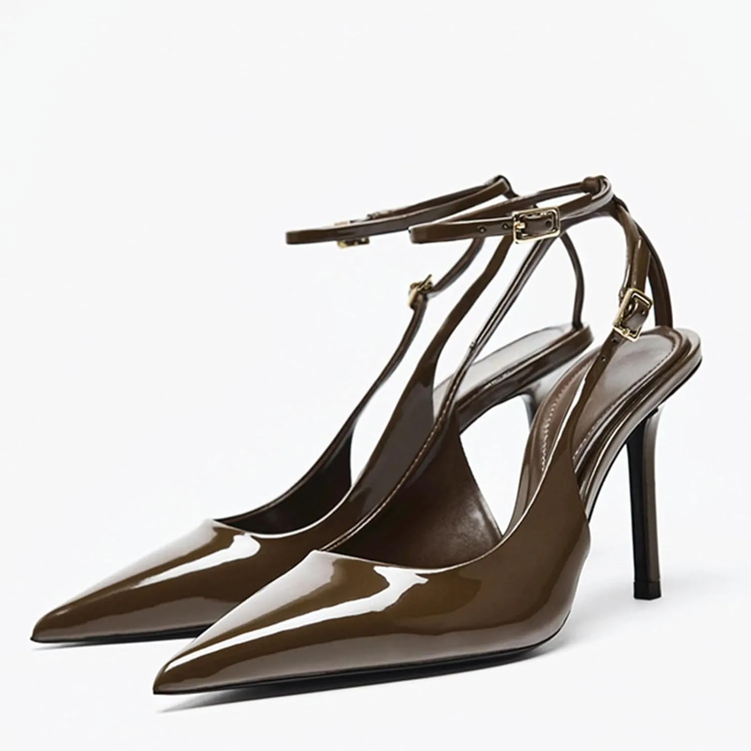 Women's Slingback High Heels Sexy Pointed Toe Ankle Strap Stiletto Heels Patent Pumps with Buckle Party Dress Shoes