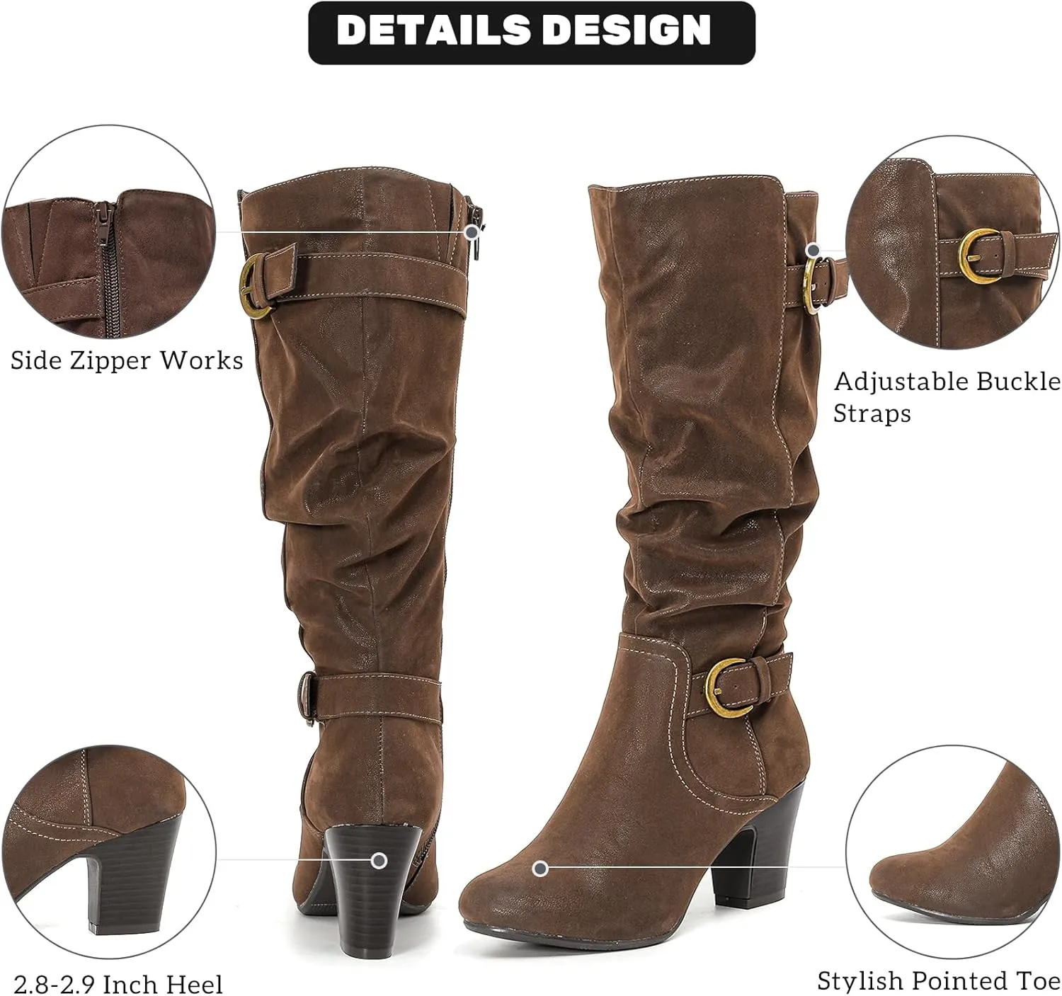 Women's Slouchy Knee High Boots with Chunky Heel, Pointed Toe, Comfortable and Fashionable for Fall and Winter Wear for Women.