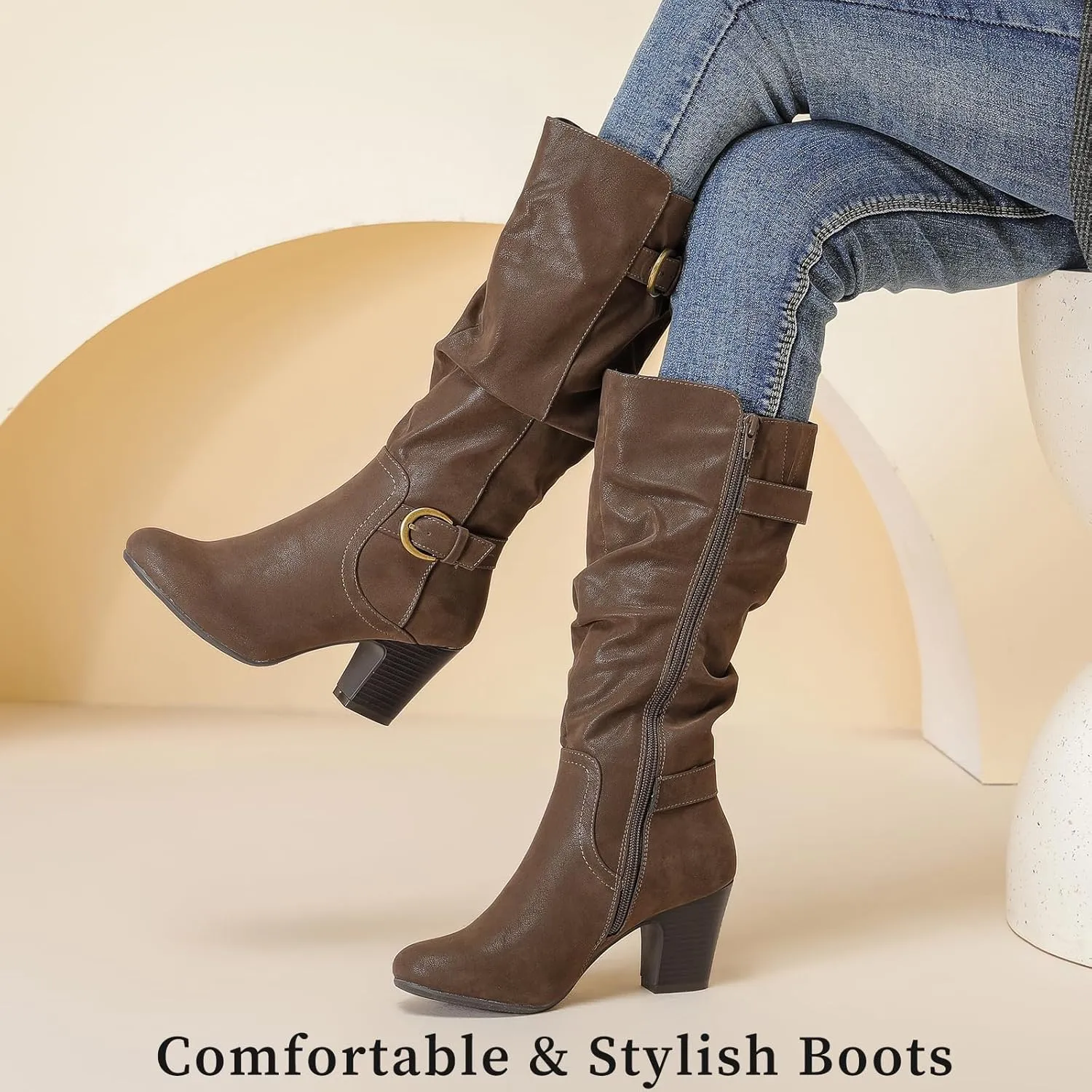 Women's Slouchy Knee High Boots with Chunky Heel, Pointed Toe, Comfortable and Fashionable for Fall and Winter Wear for Women.