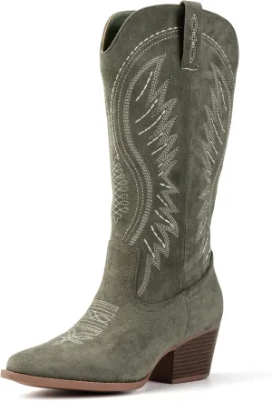 Women's Solid Color Suede Embroidered Side Zipper High Heeled Boots With Sloping Heels, Versatile Trendy, Cowboy Boot