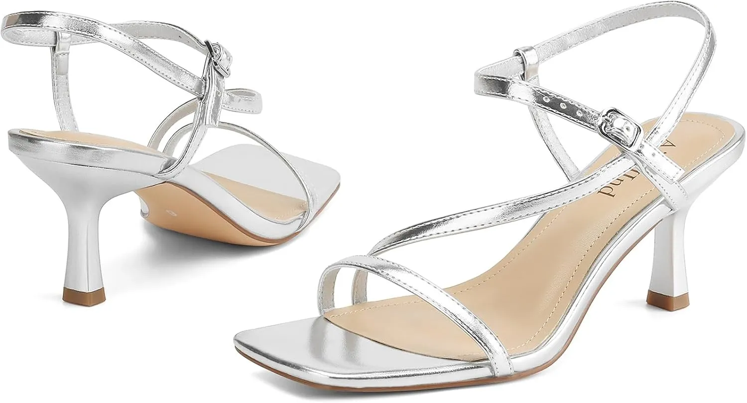 Womens Strappy Heels Kitten Low Heeled Sandals Square Open Toe Ankle Strap Party Wedding Dress Shoes