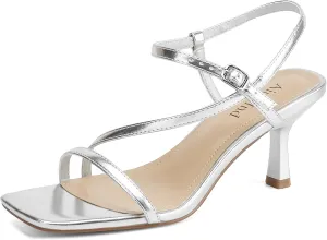 Womens Strappy Heels Kitten Low Heeled Sandals Square Open Toe Ankle Strap Party Wedding Dress Shoes
