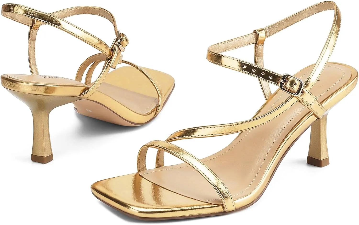 Womens Strappy Heels Kitten Low Heeled Sandals Square Open Toe Ankle Strap Party Wedding Dress Shoes