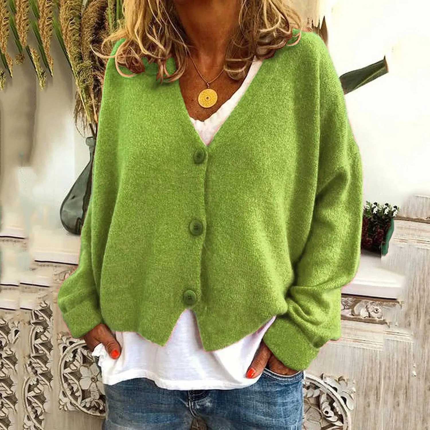 Women's V Neck Button Cardigans Long Sleeve Cable Knit Sweaters Lightweight Jackets Fall Fashion Outerwear Coat