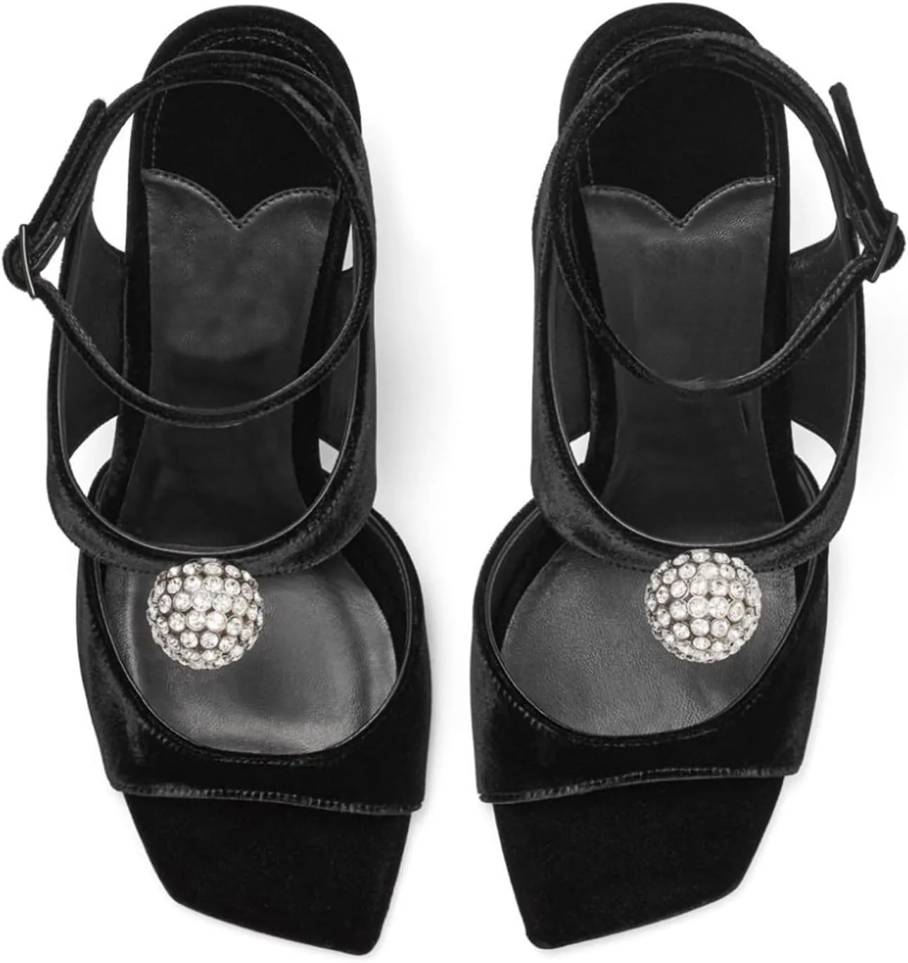 Women's Velvet High-Heeled Sandals With Rhinestone Crystal Square Open Toe Ankle Strap Buckle Stiletto Heels Bridal Wedding Party Dress Shoes