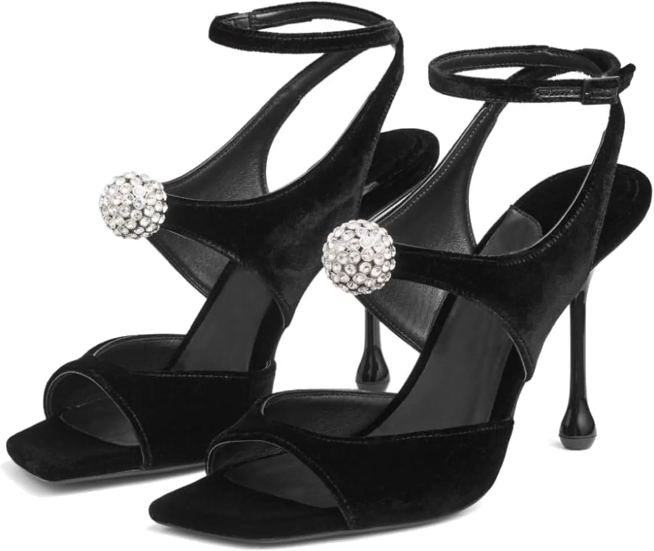 Women's Velvet High-Heeled Sandals With Rhinestone Crystal Square Open Toe Ankle Strap Buckle Stiletto Heels Bridal Wedding Party Dress Shoes