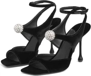 Women's Velvet High-Heeled Sandals With Rhinestone Crystal Square Open Toe Ankle Strap Buckle Stiletto Heels Bridal Wedding Party Dress Shoes