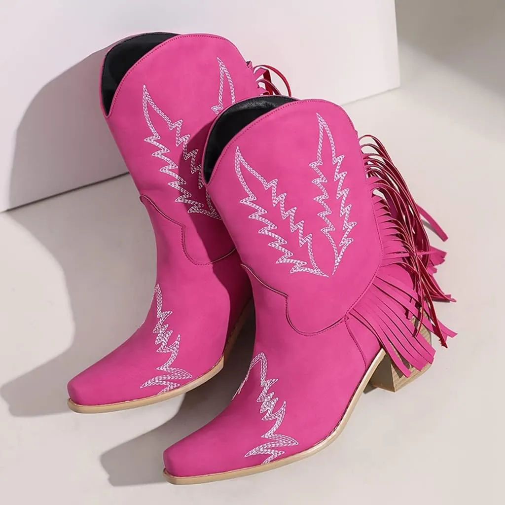 Women's Western Fringed Cowboy Ankle Boots Square Toe Pull On Block Mid Heel Dress Cowgirl Short Booties
