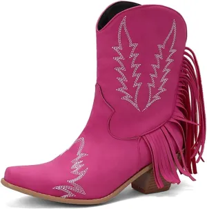 Women's Western Fringed Cowboy Ankle Boots Square Toe Pull On Block Mid Heel Dress Cowgirl Short Booties