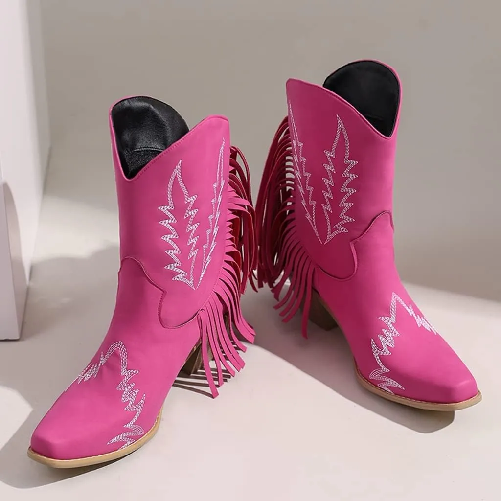 Women's Western Fringed Cowboy Ankle Boots Square Toe Pull On Block Mid Heel Dress Cowgirl Short Booties