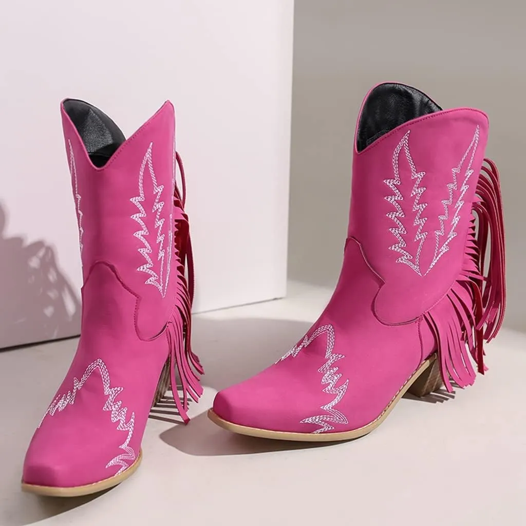 Women's Western Fringed Cowboy Ankle Boots Square Toe Pull On Block Mid Heel Dress Cowgirl Short Booties