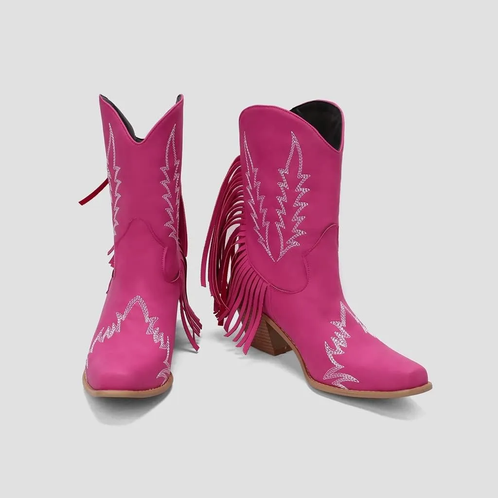 Women's Western Fringed Cowboy Ankle Boots Square Toe Pull On Block Mid Heel Dress Cowgirl Short Booties