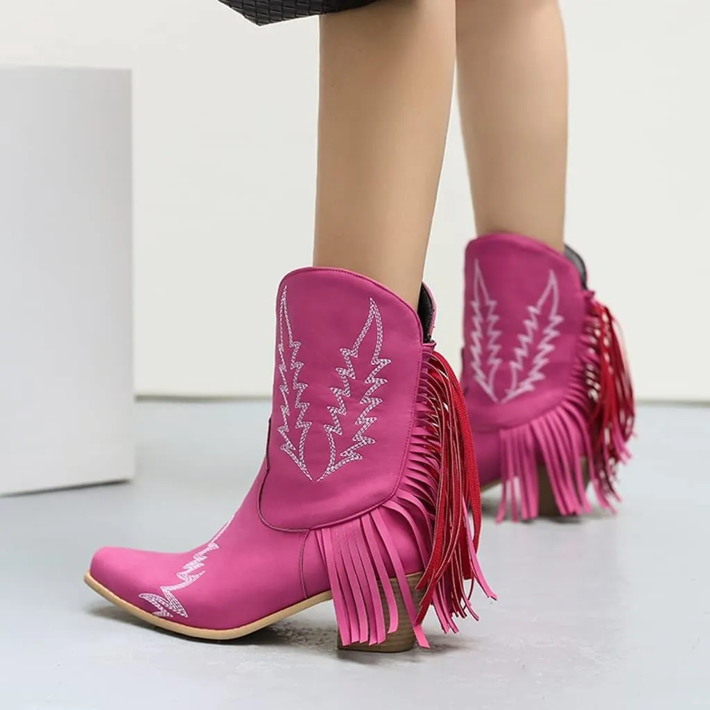 Women's Western Fringed Cowboy Ankle Boots Square Toe Pull On Block Mid Heel Dress Cowgirl Short Booties