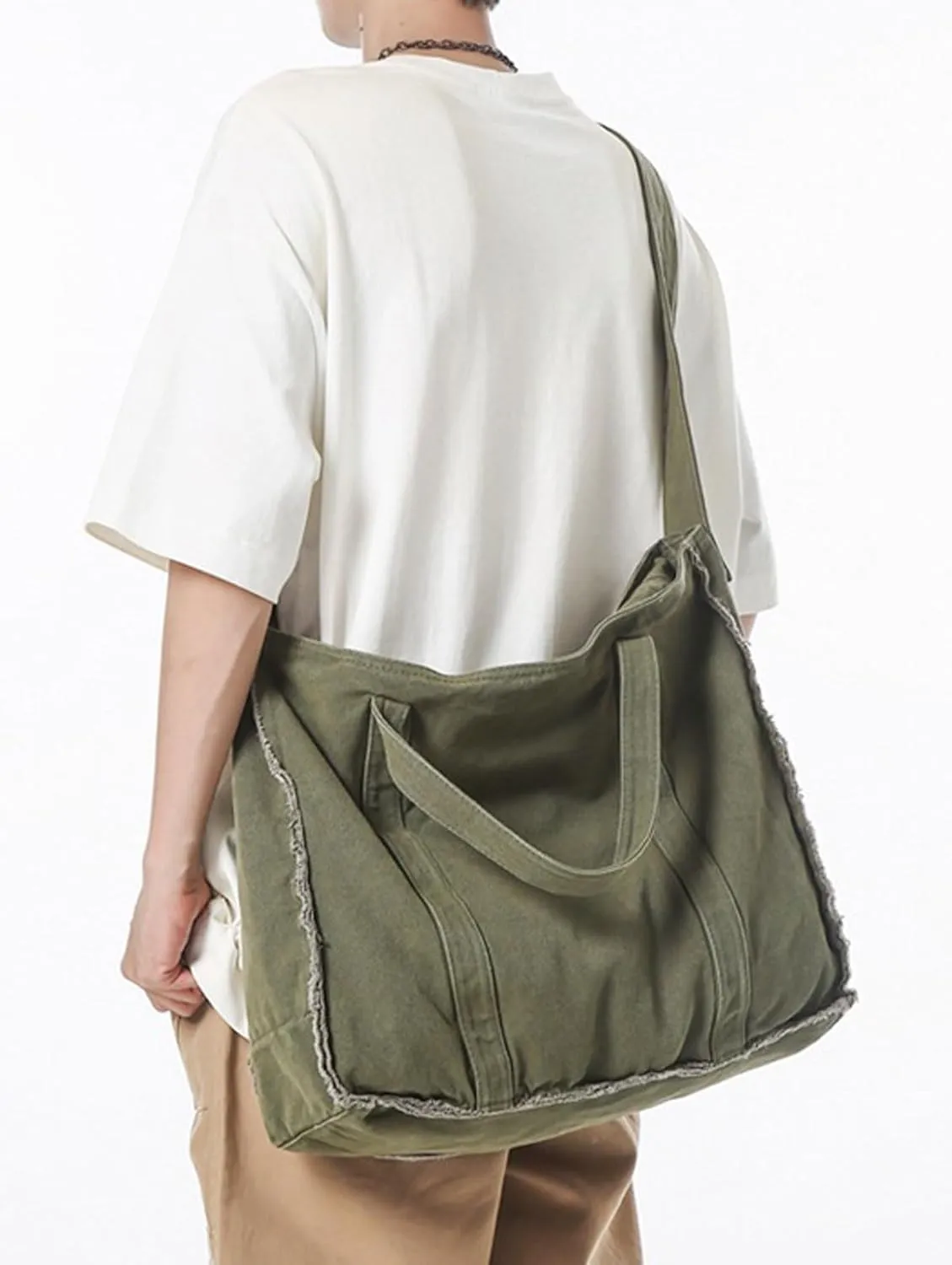 Work Large Tote Bags for Men Women Fringed Raw Hem Canvas Crossbody Messenger Bag, Army