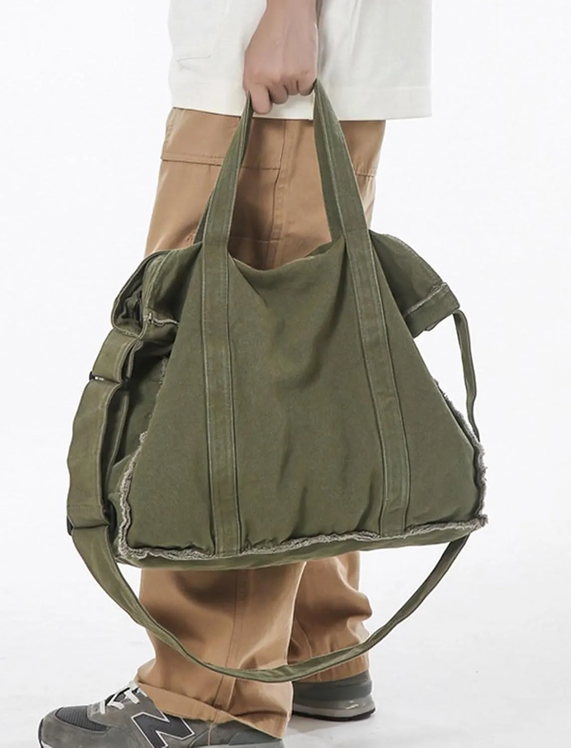 Work Large Tote Bags for Men Women Fringed Raw Hem Canvas Crossbody Messenger Bag, Army
