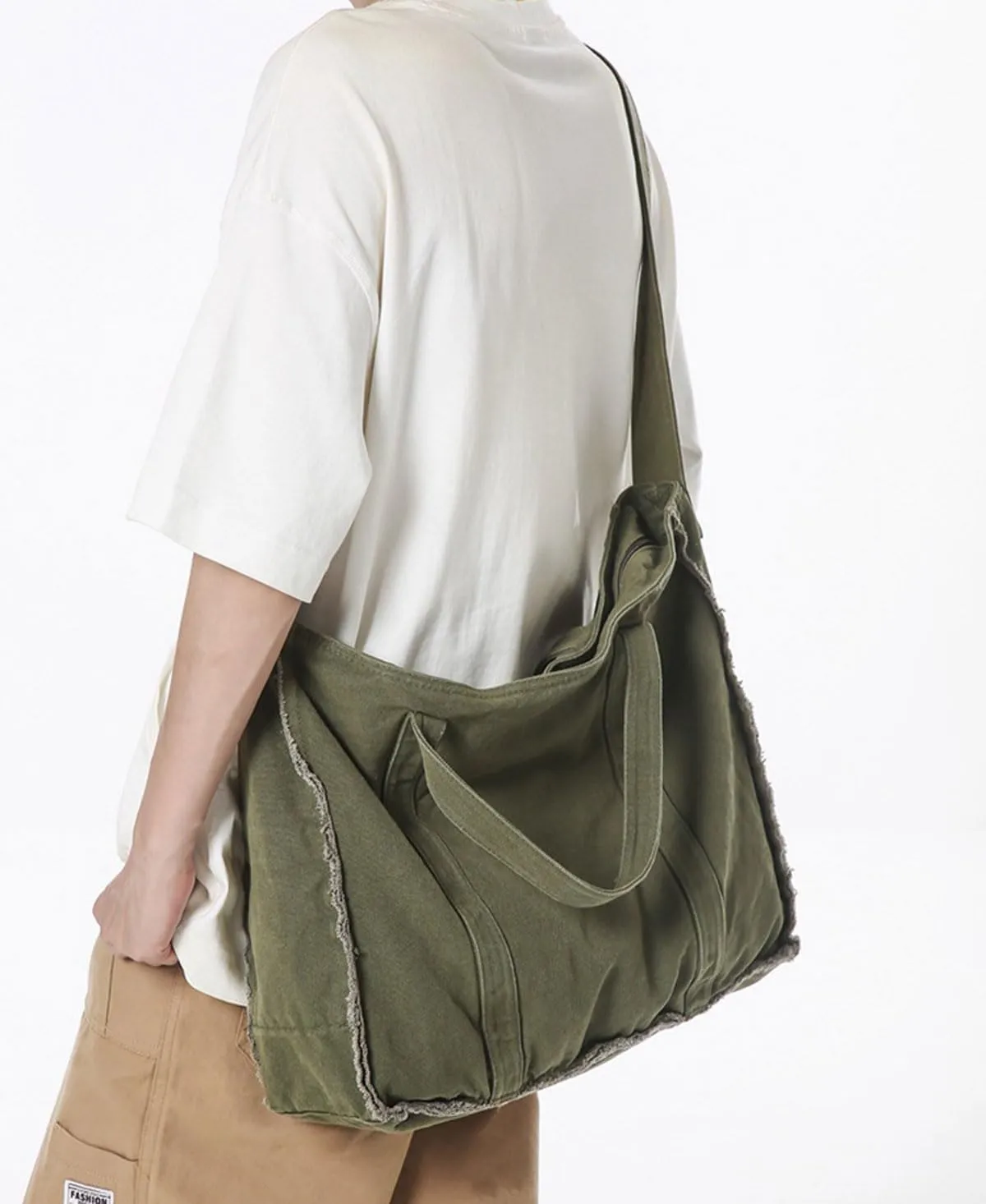 Work Large Tote Bags for Men Women Fringed Raw Hem Canvas Crossbody Messenger Bag, Army