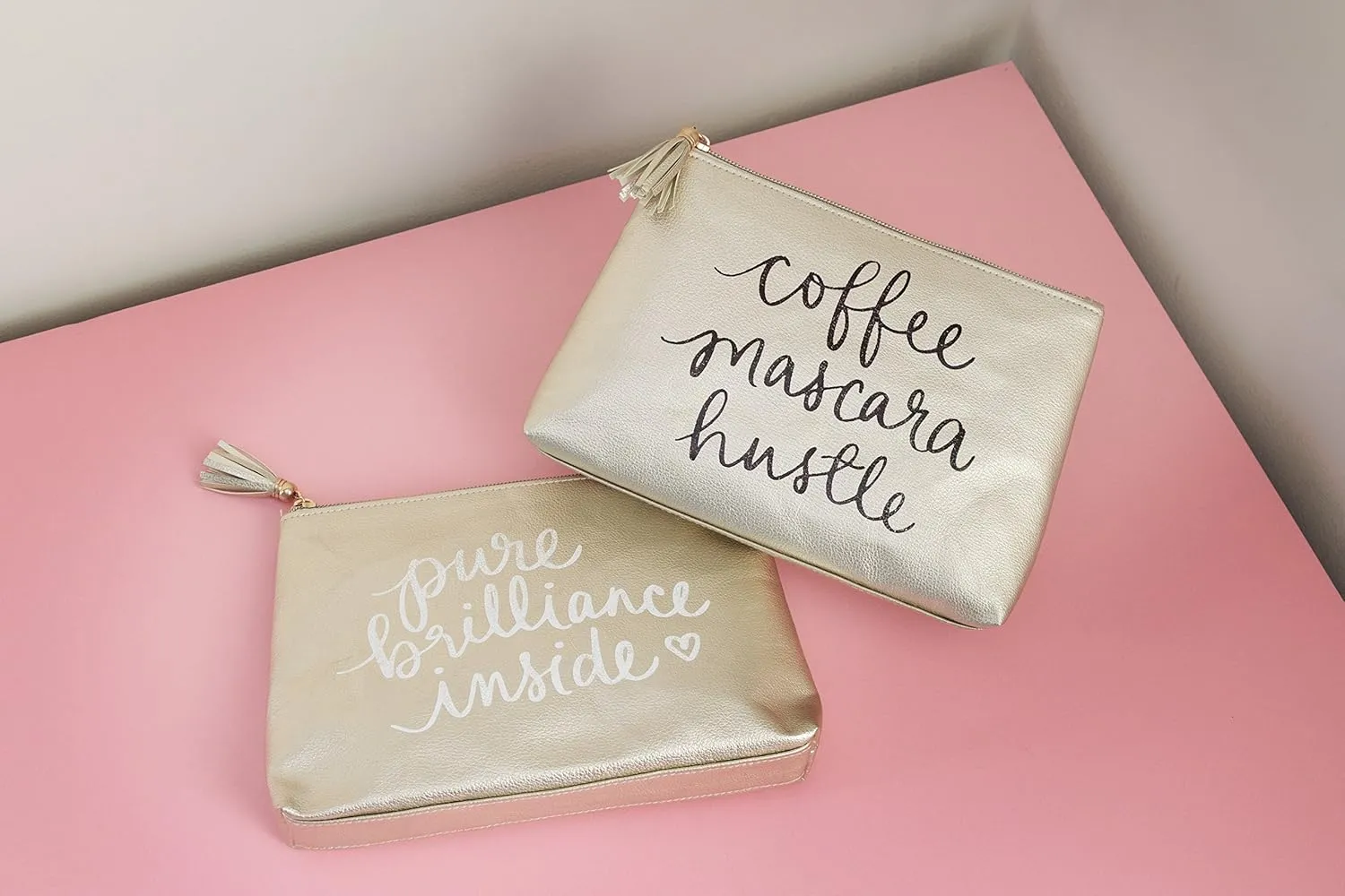 WORLD TRAVELER Eccolo Dayna Lee You Go Girl Gold Pouch, Tasseled Zipper, Coffee Mascara Hustle