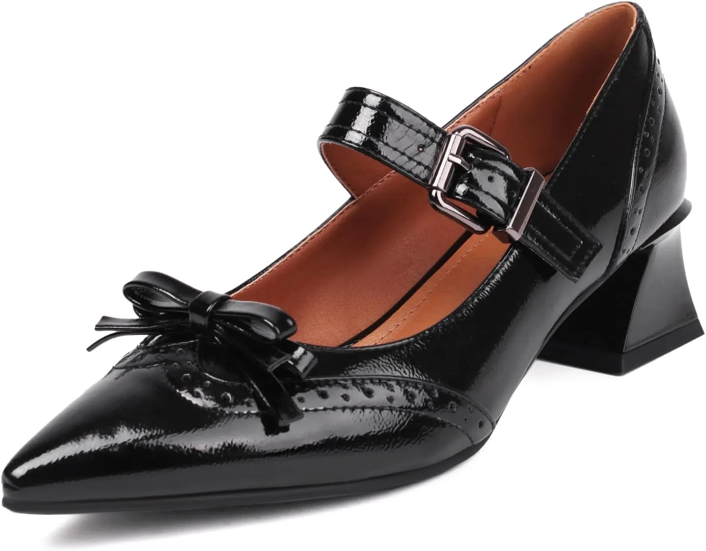 XIEDA Women's Mary Janes Low Chunky Block Heels with Bow Brogue Vintage Pumps Dress Shoes