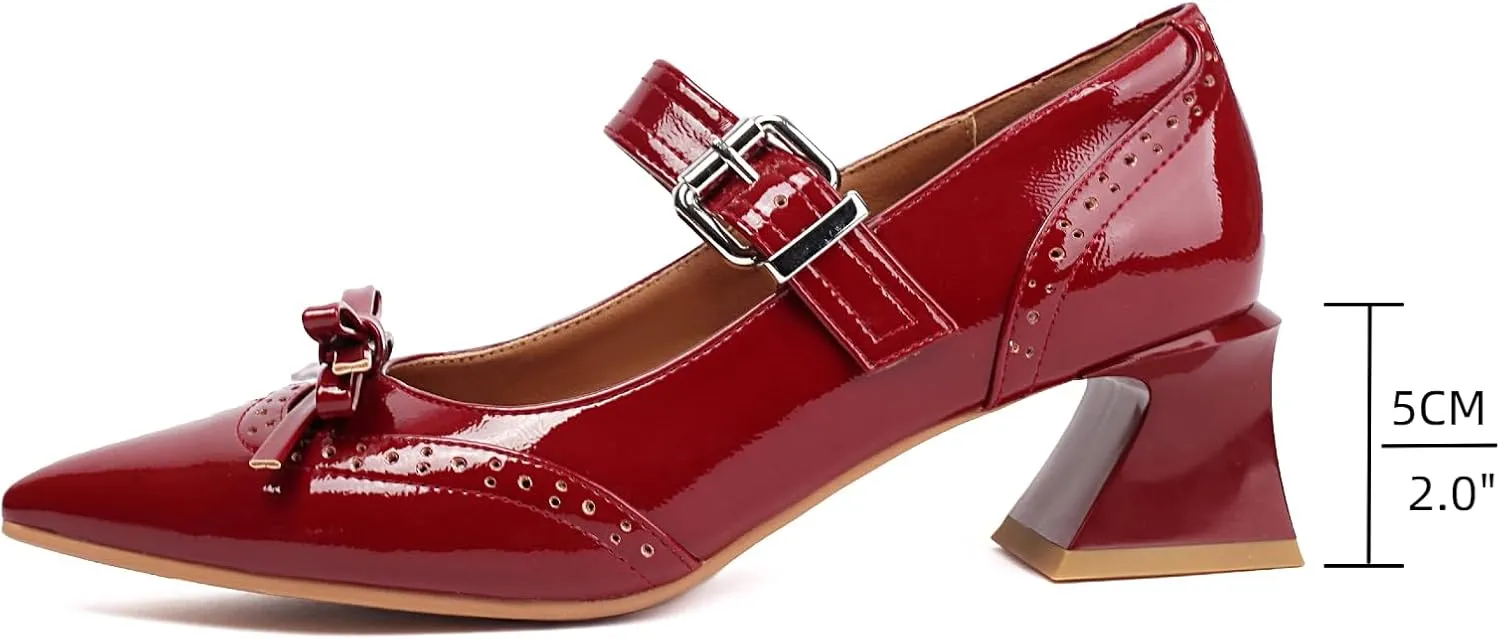 XIEDA Women's Mary Janes Low Chunky Block Heels with Bow Brogue Vintage Pumps Dress Shoes