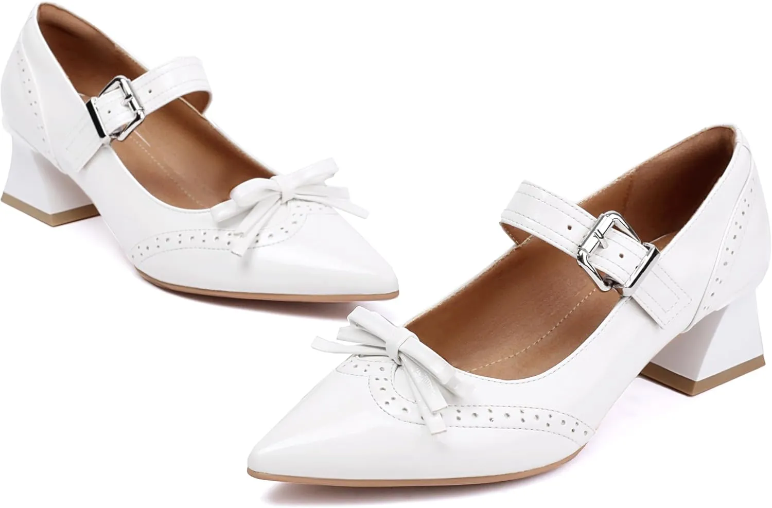 XIEDA Women's Mary Janes Low Chunky Block Heels with Bow Brogue Vintage Pumps Dress Shoes