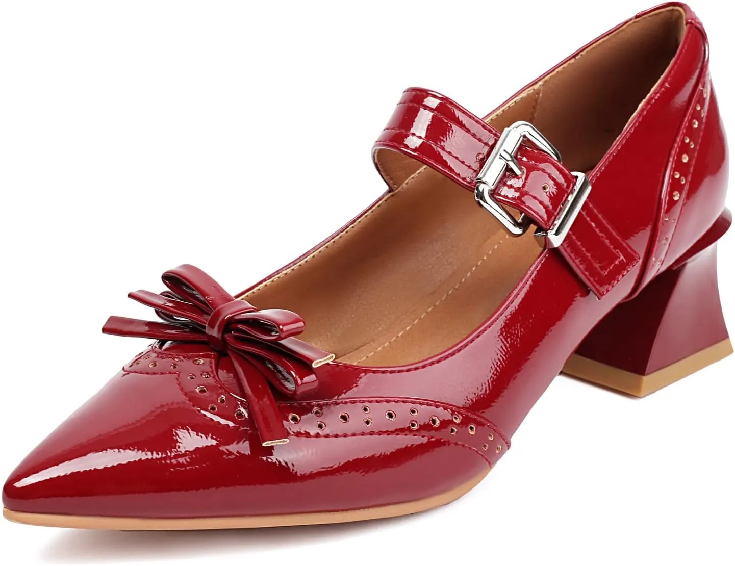 XIEDA Women's Mary Janes Low Chunky Block Heels with Bow Brogue Vintage Pumps Dress Shoes