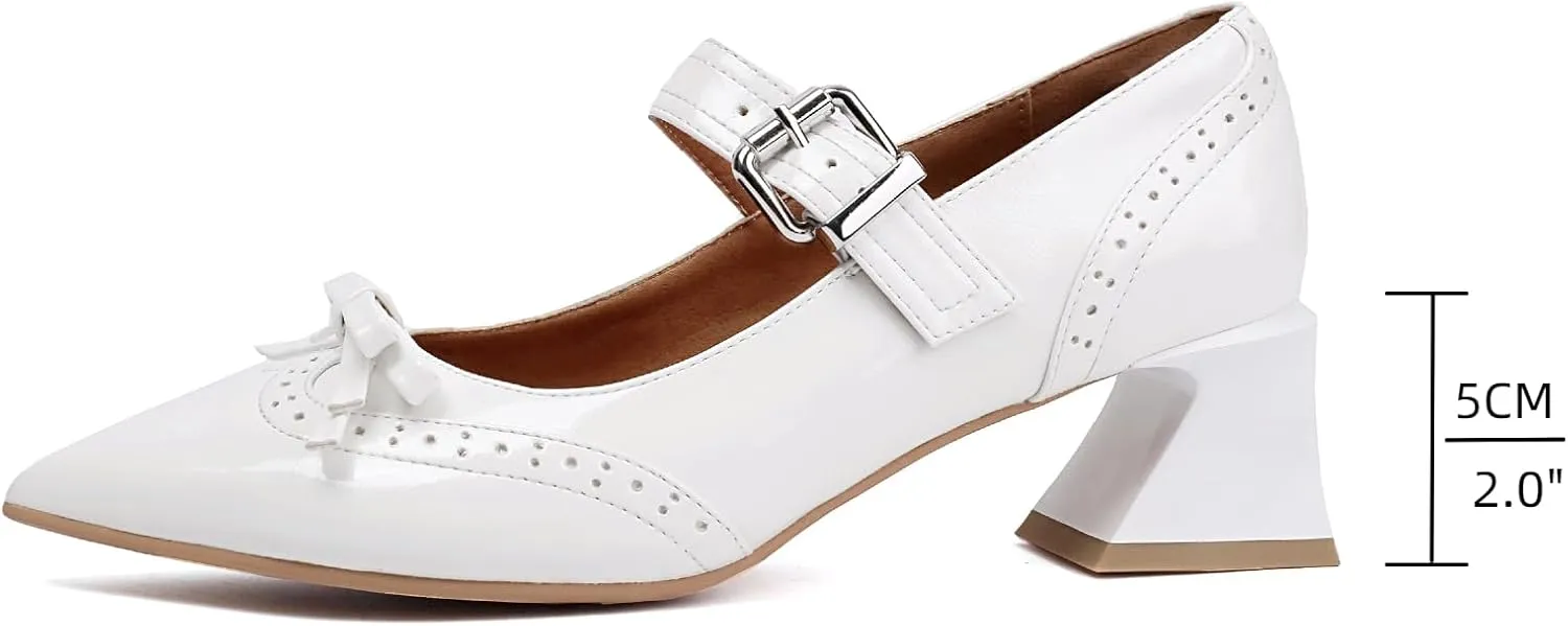 XIEDA Women's Mary Janes Low Chunky Block Heels with Bow Brogue Vintage Pumps Dress Shoes
