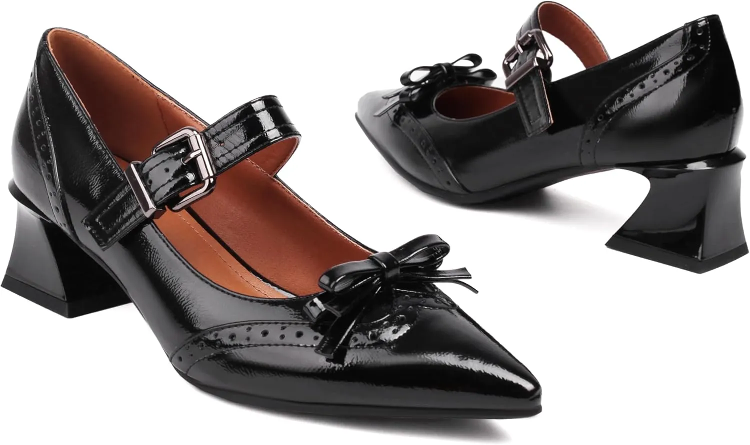 XIEDA Women's Mary Janes Low Chunky Block Heels with Bow Brogue Vintage Pumps Dress Shoes