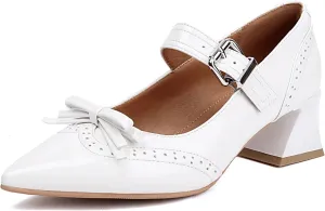 XIEDA Women's Mary Janes Low Chunky Block Heels with Bow Brogue Vintage Pumps Dress Shoes