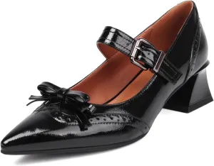 XIEDA Women's Mary Janes Low Chunky Block Heels with Bow Brogue Vintage Pumps Dress Shoes
