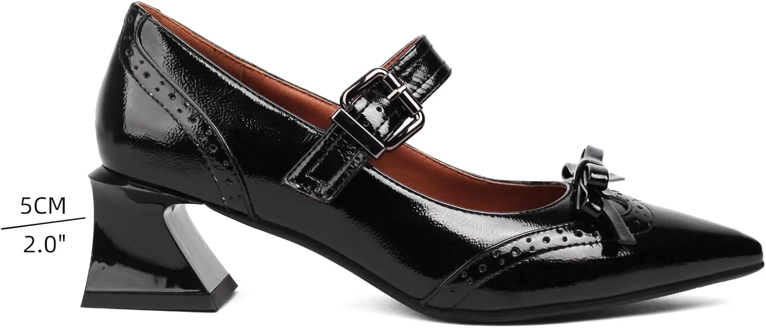 XIEDA Women's Mary Janes Low Chunky Block Heels with Bow Brogue Vintage Pumps Dress Shoes