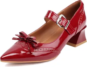 XIEDA Women's Mary Janes Low Chunky Block Heels with Bow Brogue Vintage Pumps Dress Shoes