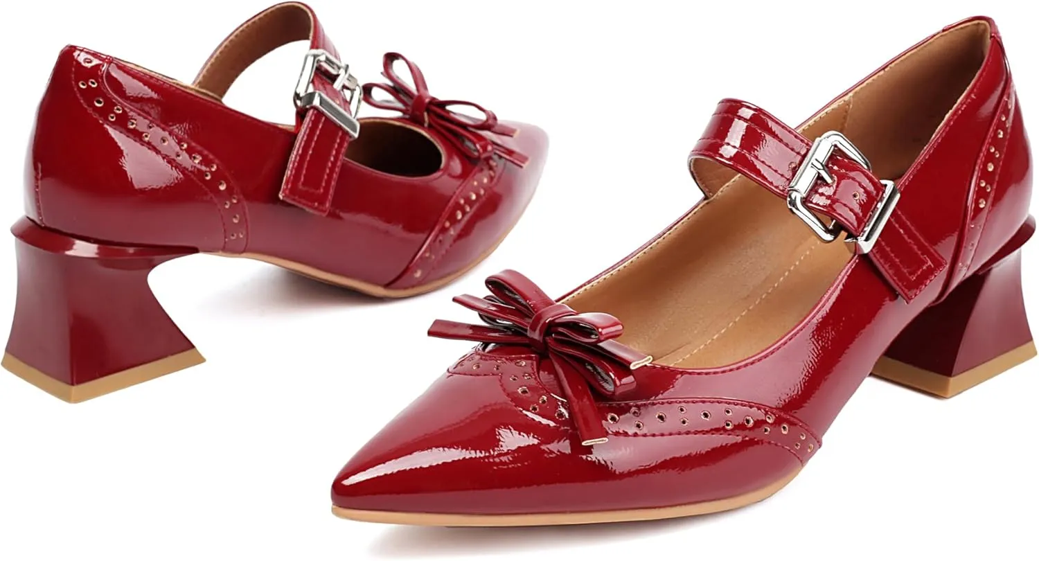 XIEDA Women's Mary Janes Low Chunky Block Heels with Bow Brogue Vintage Pumps Dress Shoes