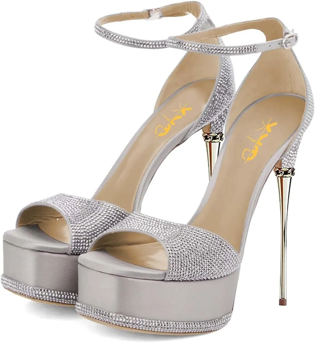 XYD Women Bling Rhinestones Platform Sandals Open Square Toe Super High Heel Stiletto Ankle Strap Buckled Pumps Cocktail Party Event Dress Shoes