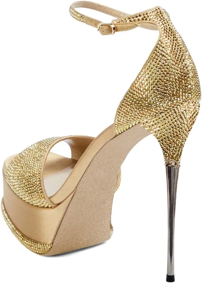 XYD Women Bling Rhinestones Platform Sandals Open Square Toe Super High Heel Stiletto Ankle Strap Buckled Pumps Cocktail Party Event Dress Shoes