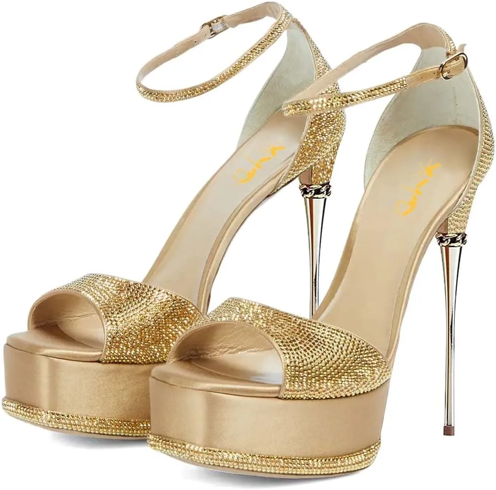 XYD Women Bling Rhinestones Platform Sandals Open Square Toe Super High Heel Stiletto Ankle Strap Buckled Pumps Cocktail Party Event Dress Shoes