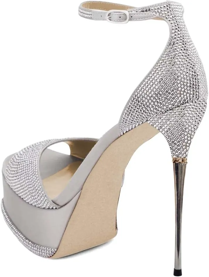 XYD Women Bling Rhinestones Platform Sandals Open Square Toe Super High Heel Stiletto Ankle Strap Buckled Pumps Cocktail Party Event Dress Shoes