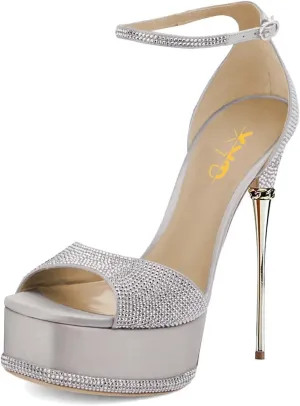 XYD Women Bling Rhinestones Platform Sandals Open Square Toe Super High Heel Stiletto Ankle Strap Buckled Pumps Cocktail Party Event Dress Shoes