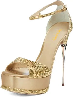 XYD Women Bling Rhinestones Platform Sandals Open Square Toe Super High Heel Stiletto Ankle Strap Buckled Pumps Cocktail Party Event Dress Shoes