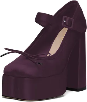 XYD Women Bowknot Closed Square Toe Super High Block Heel Strappy Platform Pumps Fashion Party Satin Shoes