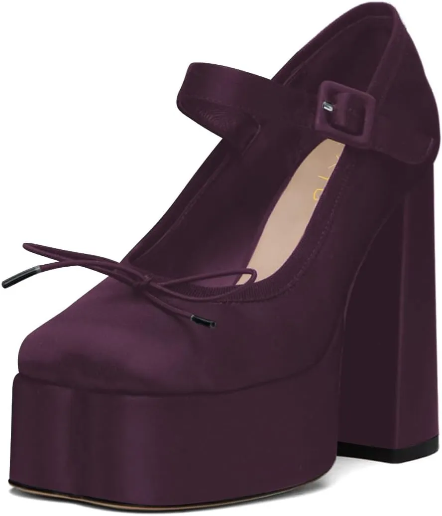 XYD Women Bowknot Closed Square Toe Super High Block Heel Strappy Platform Pumps Fashion Party Satin Shoes