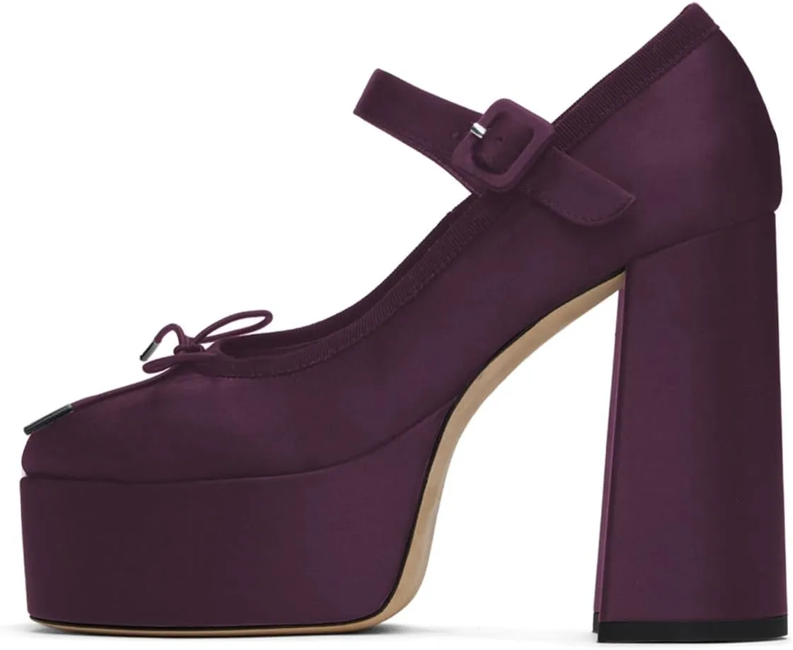XYD Women Bowknot Closed Square Toe Super High Block Heel Strappy Platform Pumps Fashion Party Satin Shoes