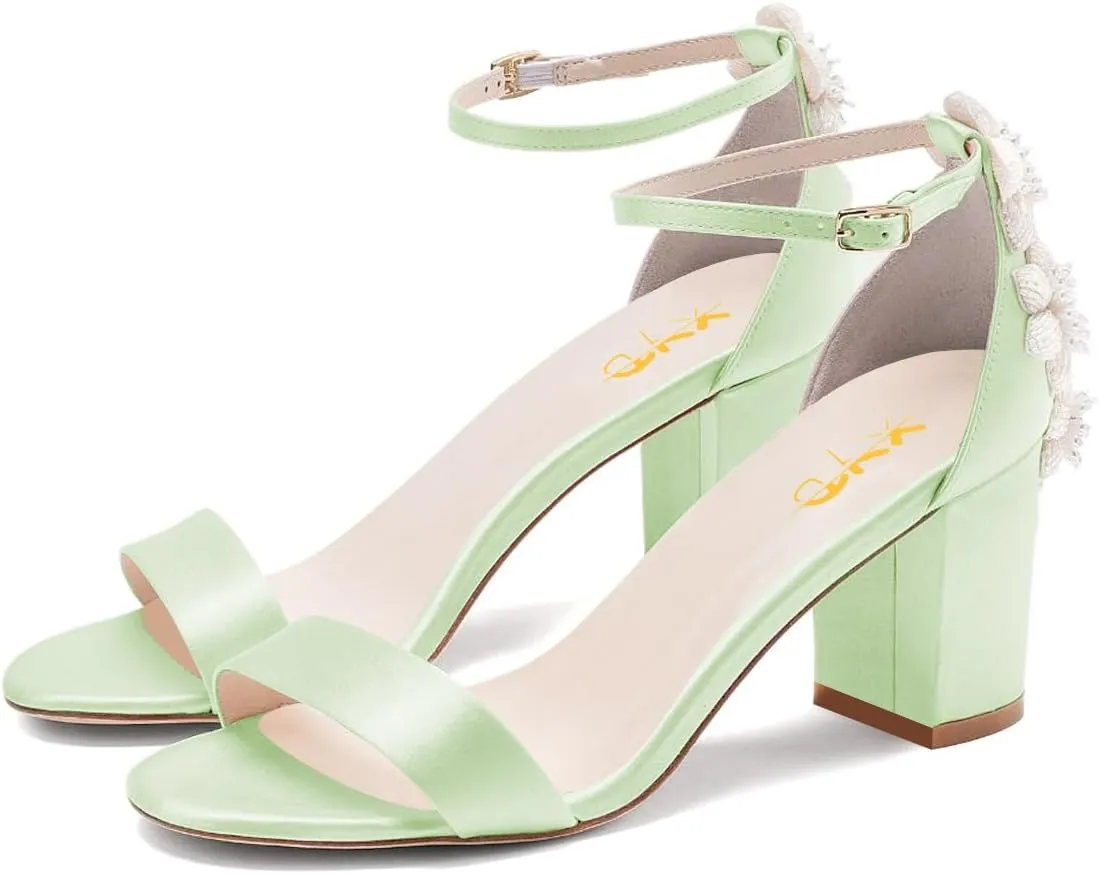 XYD Women Brides Romantic Pearl Flower Sandals Open Toe Buckled Ankle Strap Block Heel Crystal Wedding Shoes