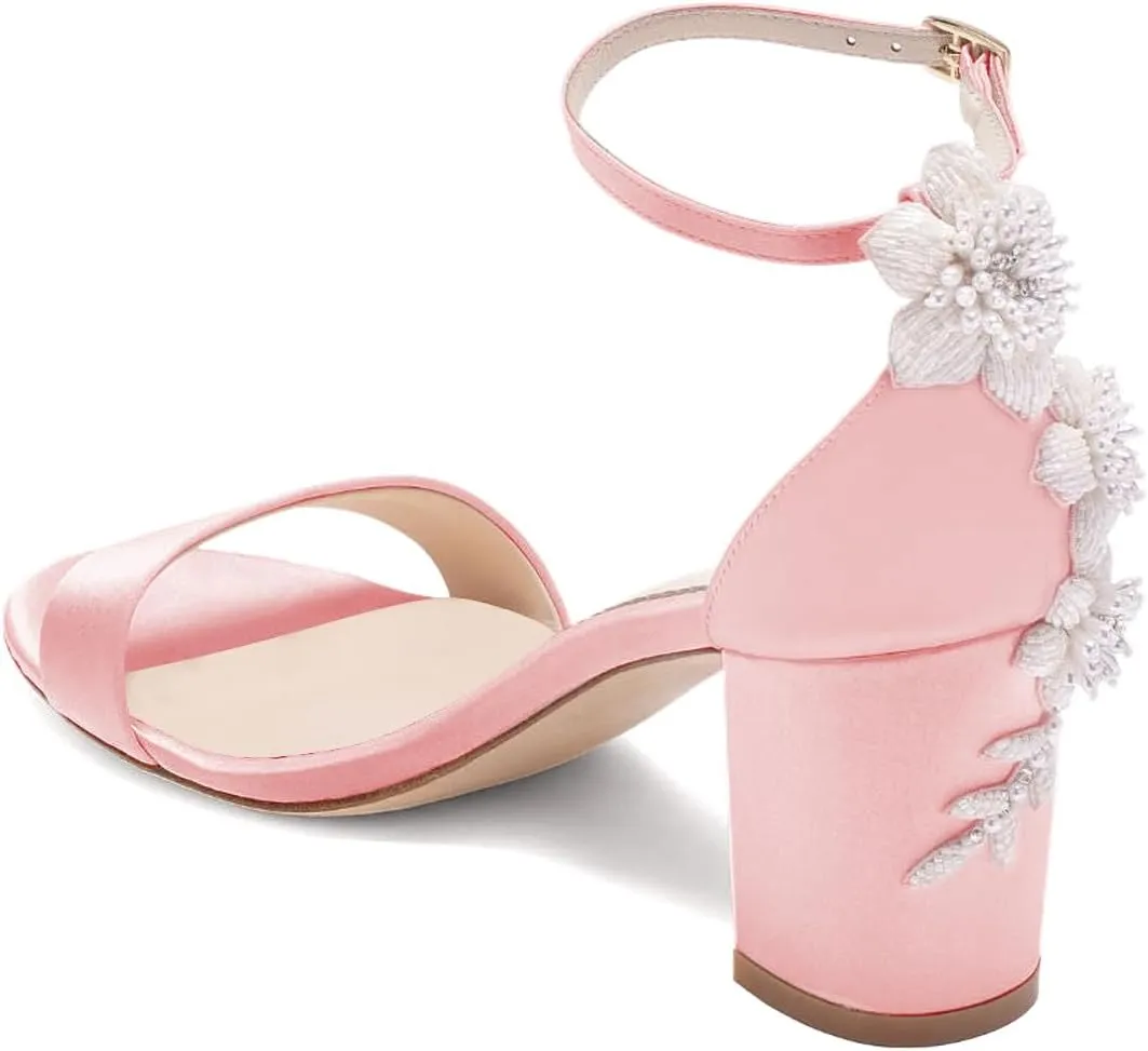 XYD Women Brides Romantic Pearl Flower Sandals Open Toe Buckled Ankle Strap Block Heel Crystal Wedding Shoes