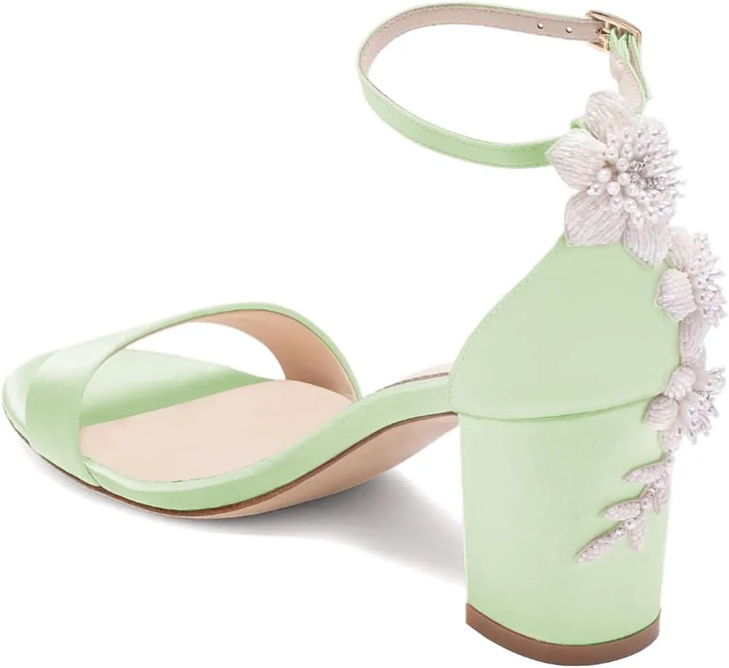 XYD Women Brides Romantic Pearl Flower Sandals Open Toe Buckled Ankle Strap Block Heel Crystal Wedding Shoes