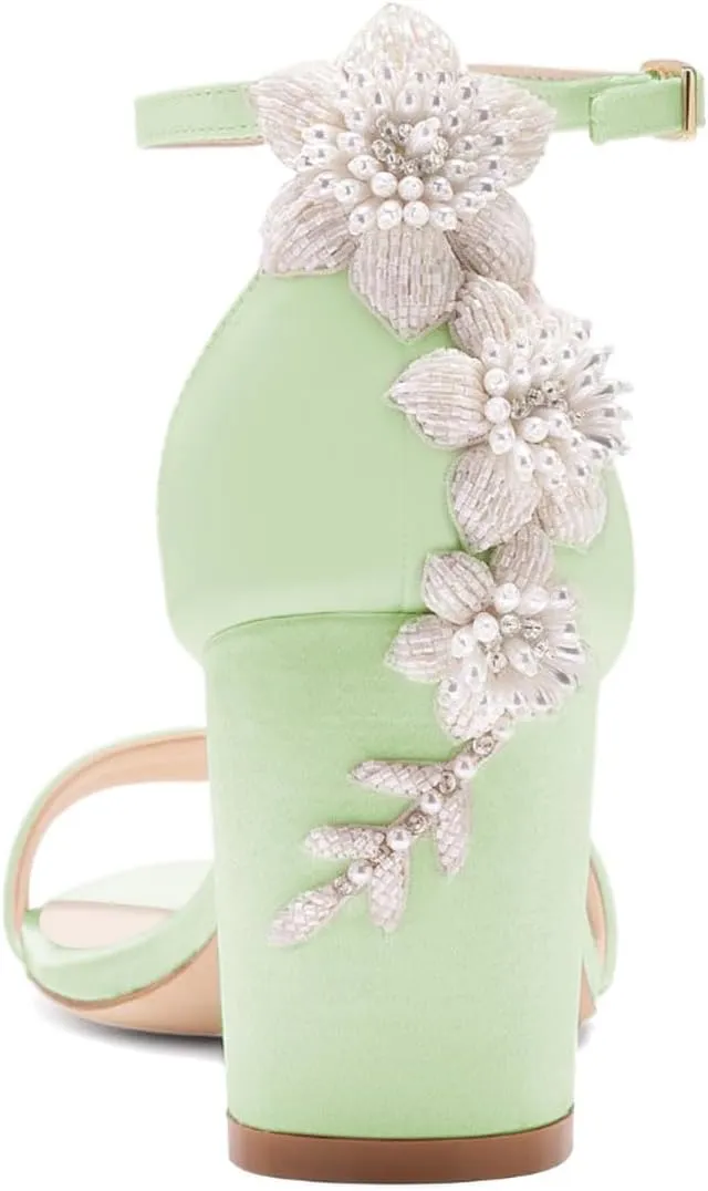 XYD Women Brides Romantic Pearl Flower Sandals Open Toe Buckled Ankle Strap Block Heel Crystal Wedding Shoes