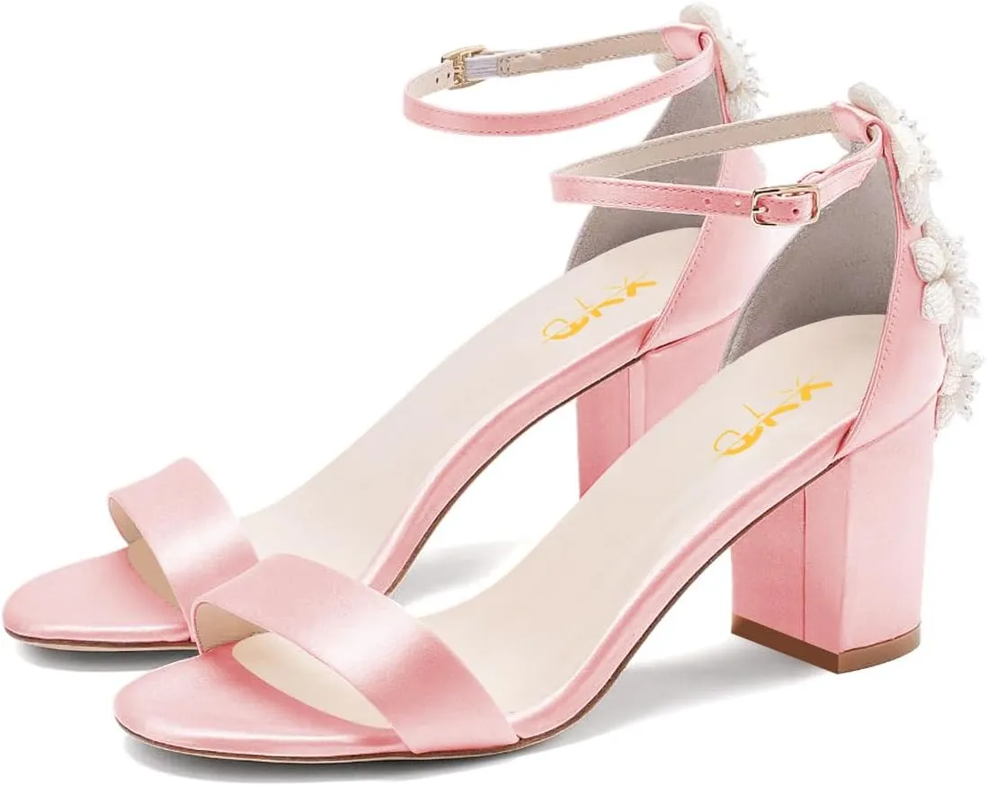 XYD Women Brides Romantic Pearl Flower Sandals Open Toe Buckled Ankle Strap Block Heel Crystal Wedding Shoes