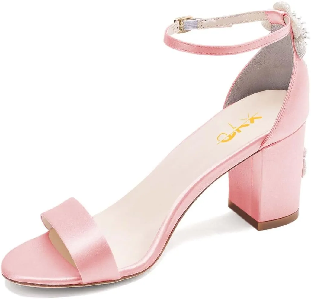 XYD Women Brides Romantic Pearl Flower Sandals Open Toe Buckled Ankle Strap Block Heel Crystal Wedding Shoes