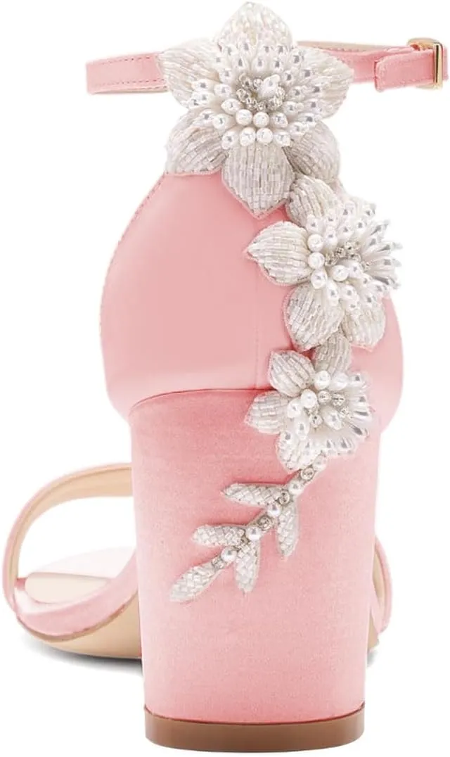 XYD Women Brides Romantic Pearl Flower Sandals Open Toe Buckled Ankle Strap Block Heel Crystal Wedding Shoes