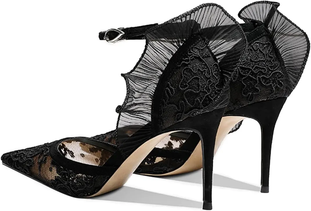 XYD Women Elegant Embroidered Prom Pumps D'Orsay Ankle Strap with Buckle Gauze Wings Pointed Toe High Heel Sandals Sexy Wedding Dressy Shoes